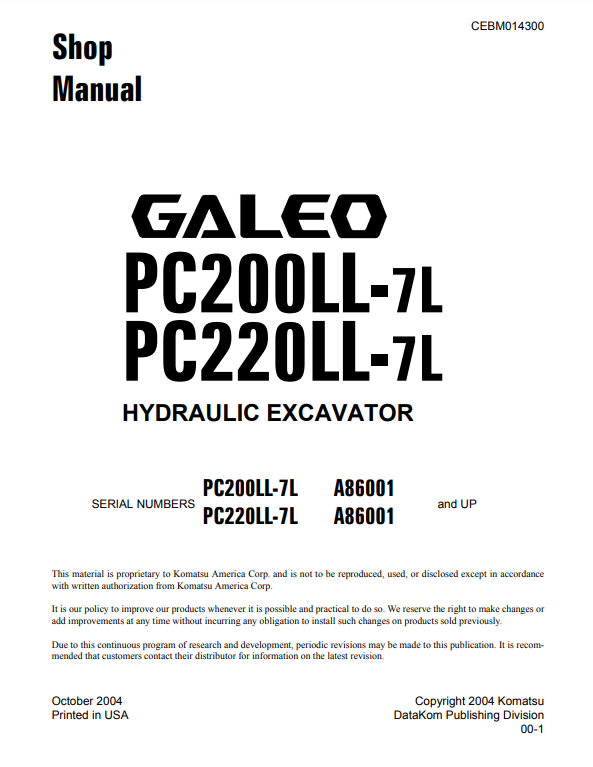 Manual de Reparación Excavadora Komatsu PC200LL-7L, PC220LL-7L