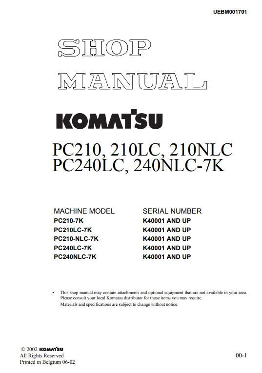 Manual de Reparación Excavadora Komatsu PC210-7K, PC240-7K