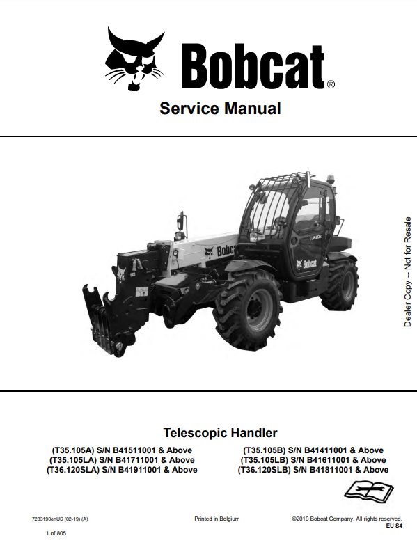 Manual de Reparación Manipulador Telescopico Bobcat T35.105A, T35.105LA, T36.120SLA, T35.105B, T35.105LB, T36.120SLB