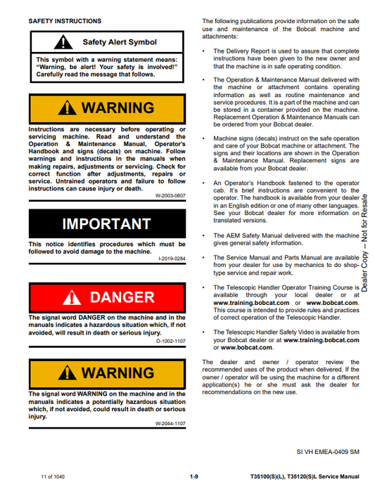 Manual de Reparación Manipulador Telescópico Bobcat T35100, T35100S, T35100L, T35100SL, T35120L, T35120SL