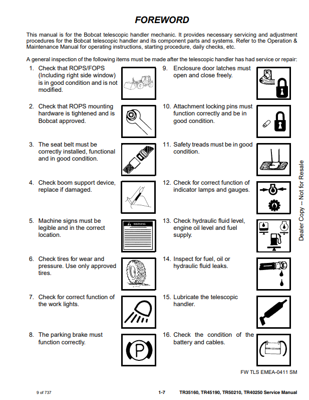 Manual de Reparación Manipulador Telescopico Bobcat TR35160, TR45190, TR50210, TR40250