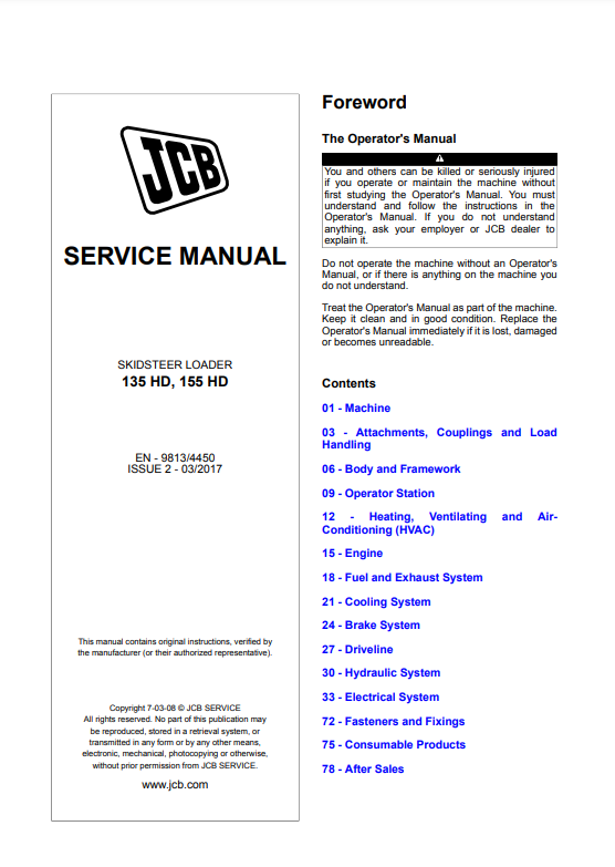 Manual de Reparación Minicargador JCB 135 HD, 155 HD