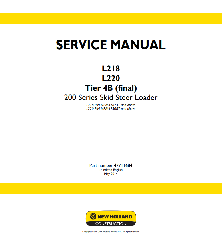 Manual de Reparación Minicargador New Holland L218, L220 Tier 4B
