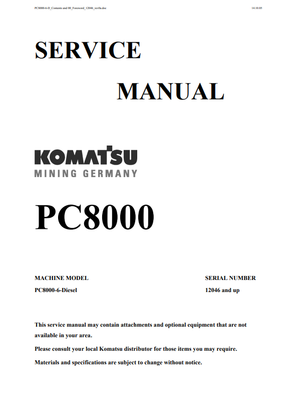 Manual de Reparación Pala Minera Komatsu PC8000-6