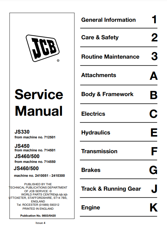 Manual de Servicios Excavadora JCB JS330, JS450, JS460/500, JS460/500