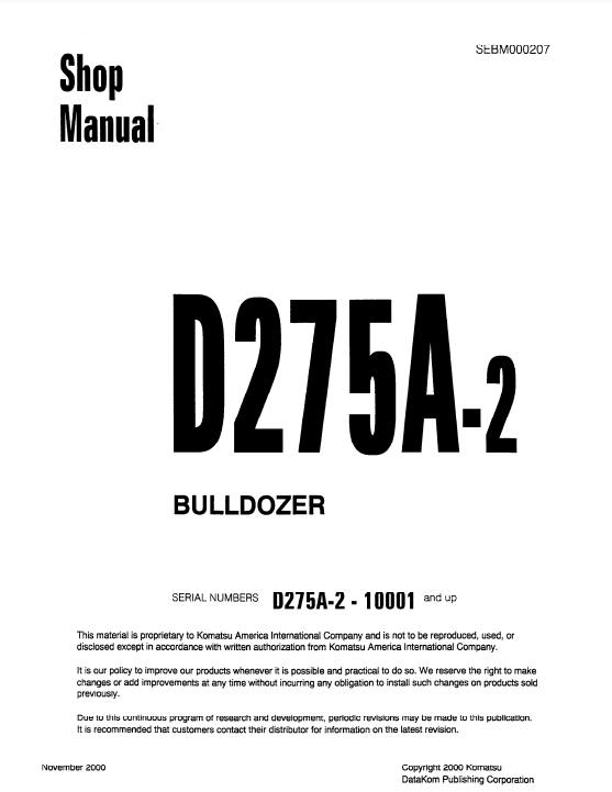 Manual de Taller Bulldozer Japones Komatsu D275A-2 S.N 10001-UP