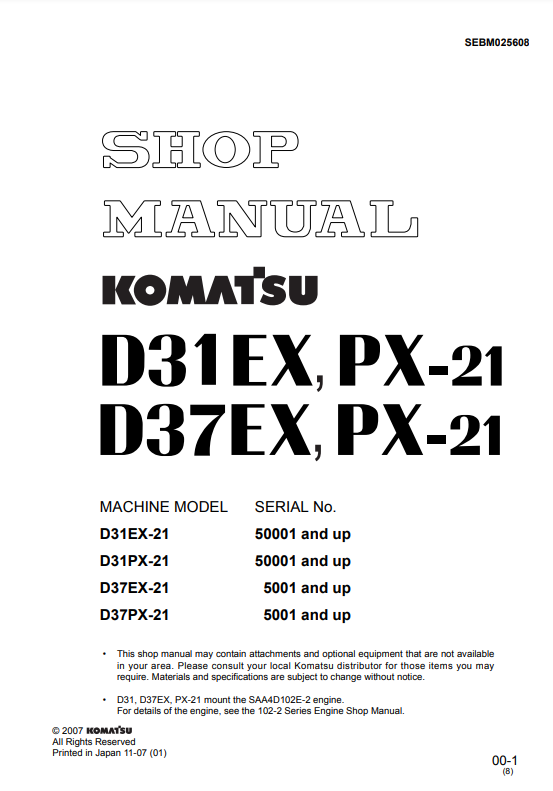 Manual de Taller Bulldozer Komatsu D31EX-21, D31PX-21, D37EX-21, D37PX-21