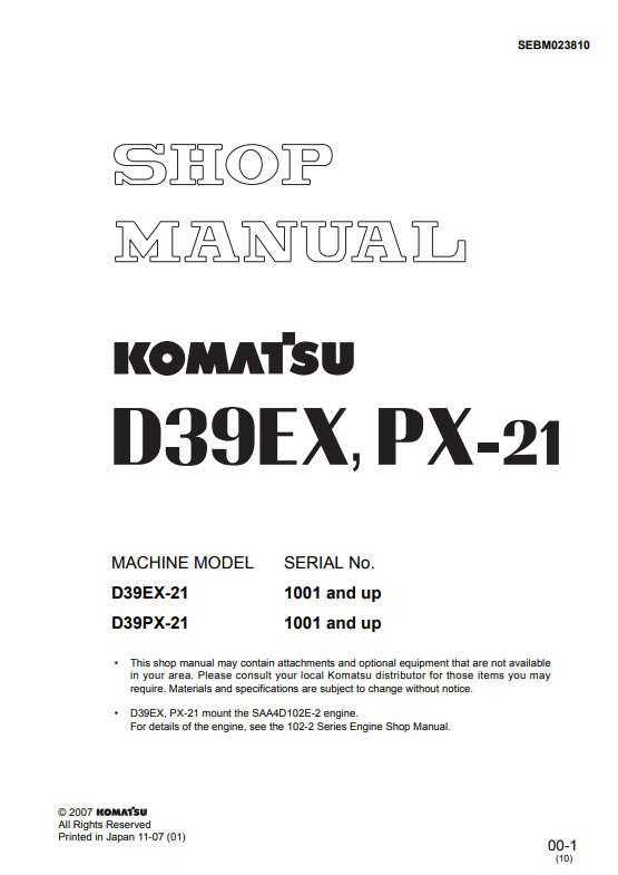 Manual de Taller Bulldozer Komatsu D39EX-21, D39PX-21 S.N 1001 y arriba