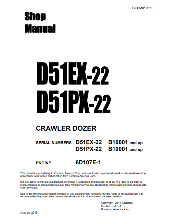 Manual de Taller Bulldozer Komatsu D51EX-22 , D51PX-22 Bulldozer S.N B10001-y arriba