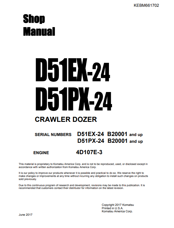 Manual de Taller Bulldozer Komatsu D51EX-24 , D51PX-24 Bulldozer S.N B20001-y arriba