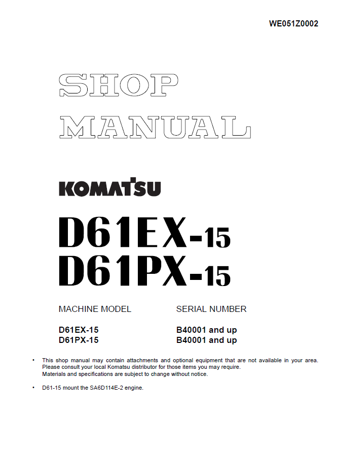 Manual de Taller Bulldozer Komatsu D61EX-15 - B40001, D61PX-15 - B40001