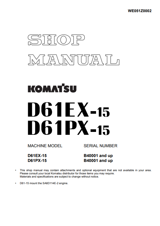 Manual de Taller Topadora Komatsu D61EX-15, D61PX-15 S.N B40001 y arriba