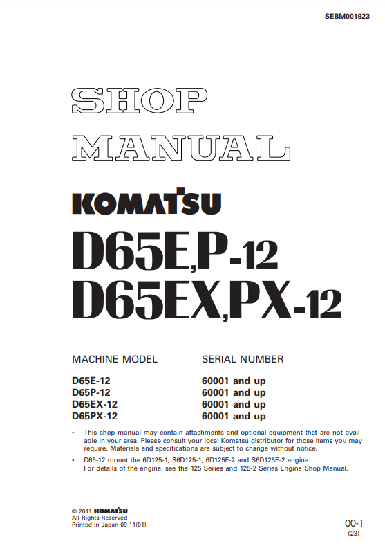 Manual de Taller Bulldozer Komatsu D65E-12, D65P-12, D65EX-12, D65PX-12 S.N 60001