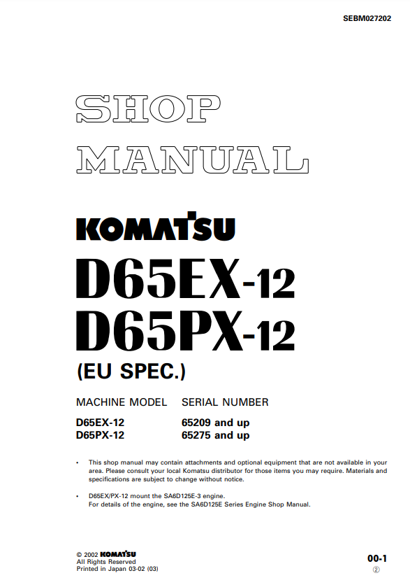 Manual de Taller Bulldozer Komatsu D65EX-12, D65PX-12 SN 65209-UP