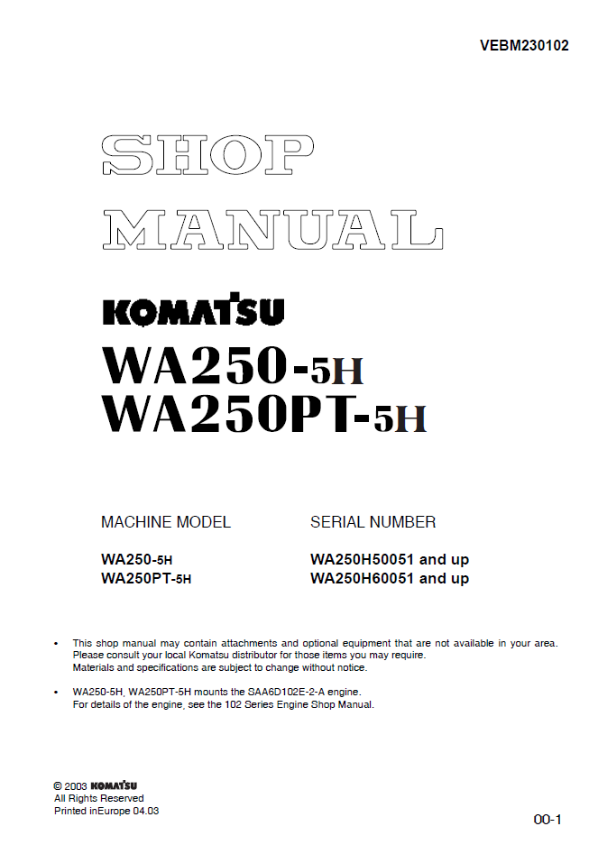 Manual de Taller Cargador Komatsu WA250-5H - WA250H50051, WA250PT-5H - WA250H60051
