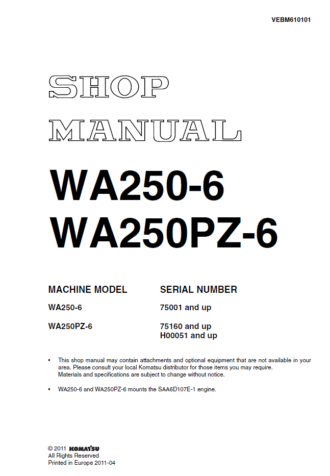 Manual de Taller Cargador Komatsu WA250-6 - 75001, WA250PZ-6 - 75160, H00051