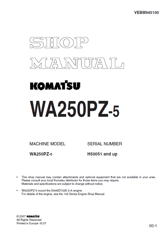 Manual de Taller Cargador Komatsu WA250PZ-5 - H50051