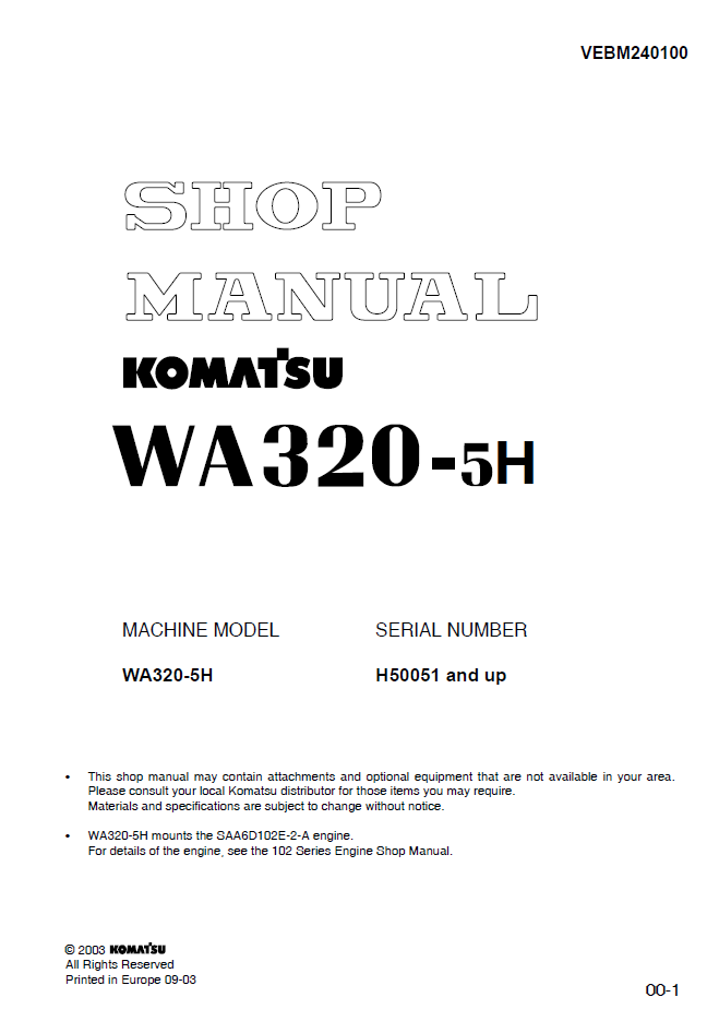 Manual de Taller Cargador Komatsu WA320-5H - H50051