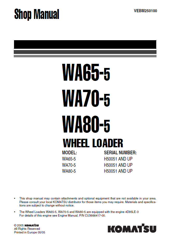 Manual de Taller Cargador Komatsu WA65-5 - H50051, WA70-5 - H50051, WA80-5 - H50051