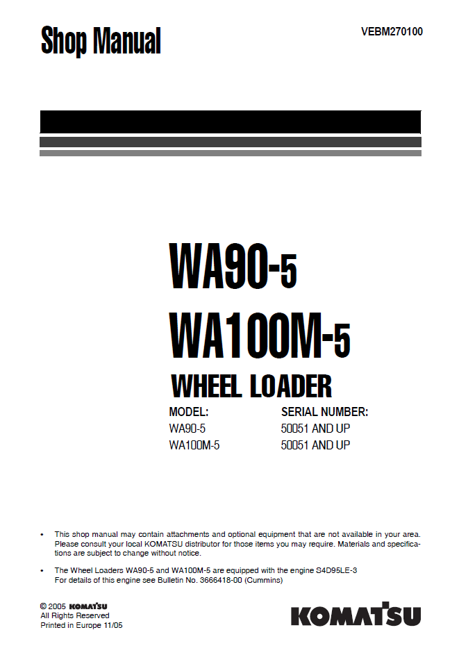 Manual de Taller Cargador Komatsu WA90-5 - 50051, WA100M-5 - 50051