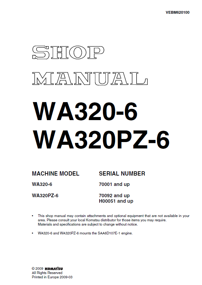 Manual de Taller Cargador Komatsu WA320-6 - 70001, WA320PZ-6 - 70092, H00051