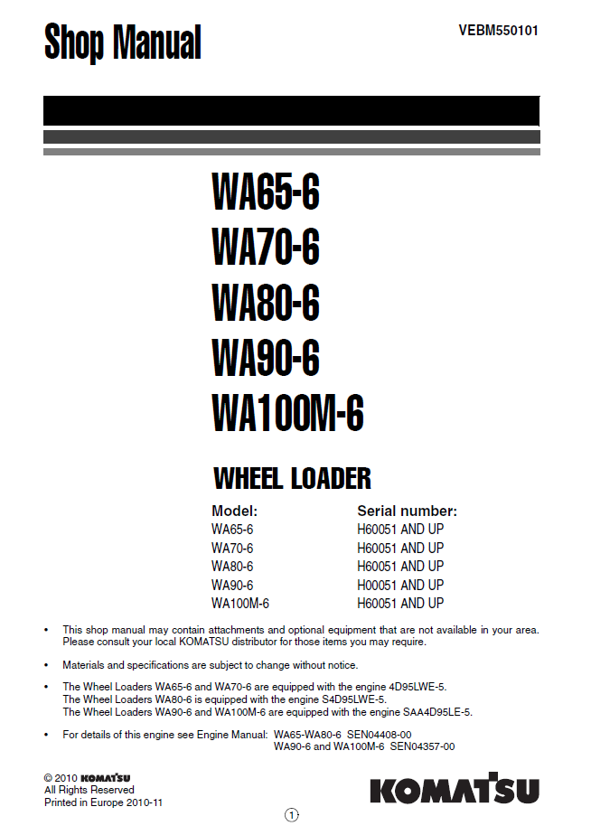 Manual de Taller Cargador WA65-6, WA70-6, WA80-6, WA100M-6 - H60051, WA90-6 - H00051