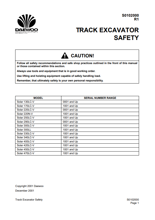 Manual de Taller Excavadora Daewoo Solar 130LC-V a Solar 470LC-V
