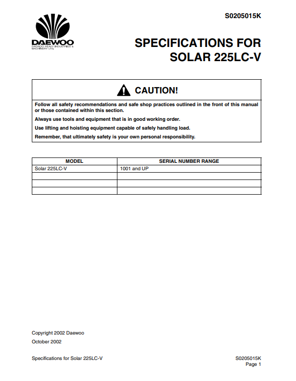 Manual de Taller Excavadora Daewoo Solar 225LC-V