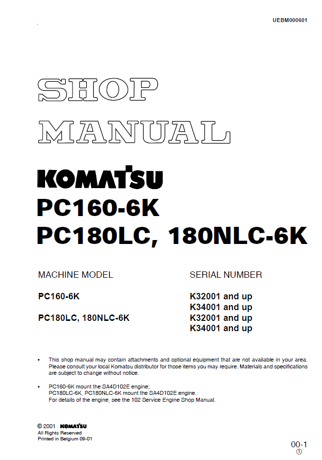 Manual de Taller Excavadora Komatsu PC160-6K, PC180LC, 180NLC-6K - K32001, K34001