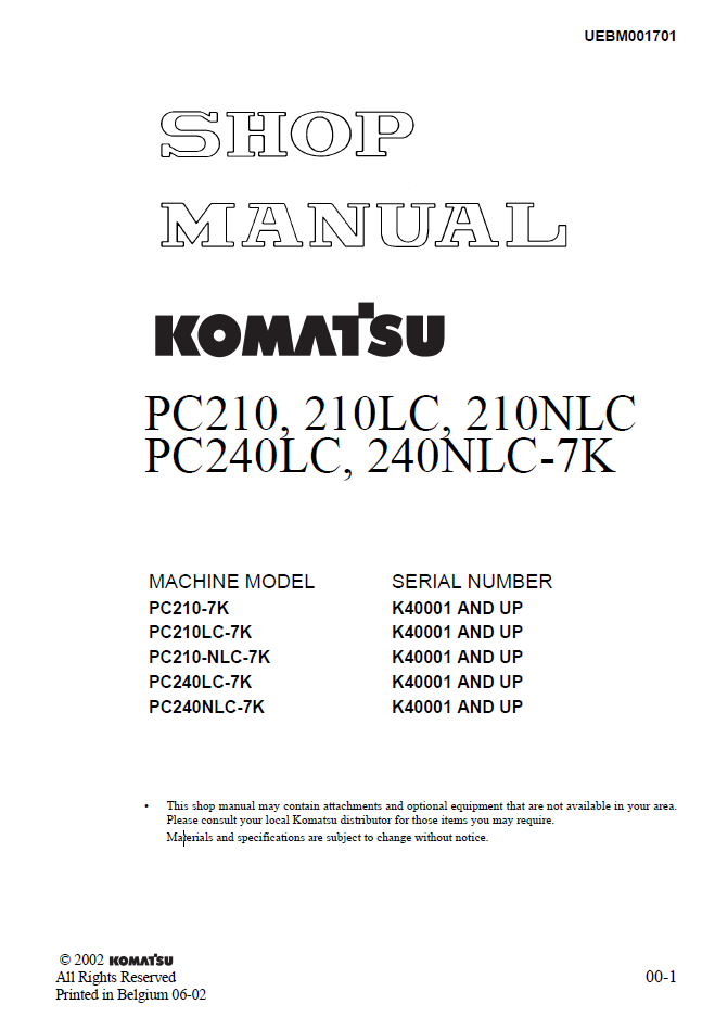 Manual de Taller Excavadora Komatsu PC210, 210LC, 210NLC, PC240LC, 240NLC-7K - K40001