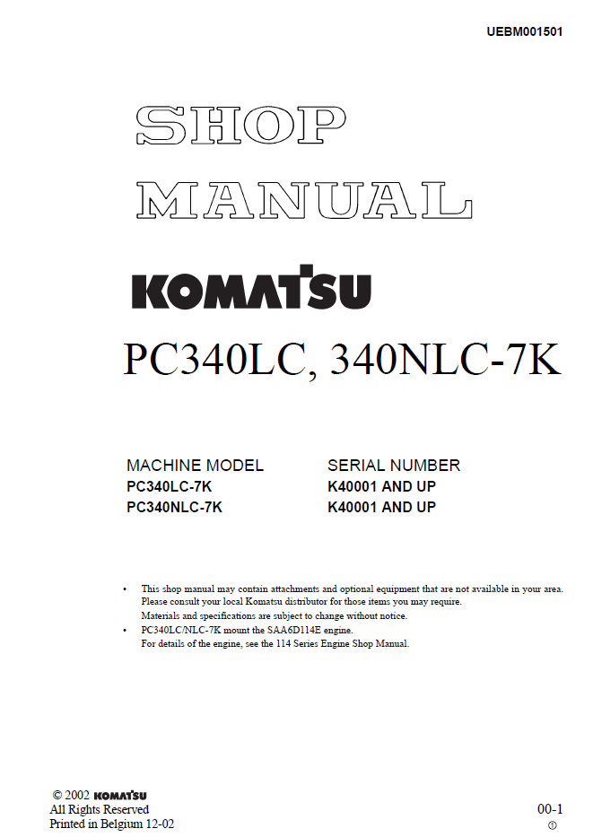 Manual de Taller Excavadora Komatsu PC340LC, 340NLC-7K - K40001