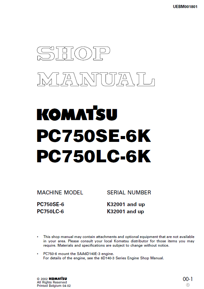 Manual de Taller Excavadora Komatsu PC750SE-6K, PC750LC-6K - K32001