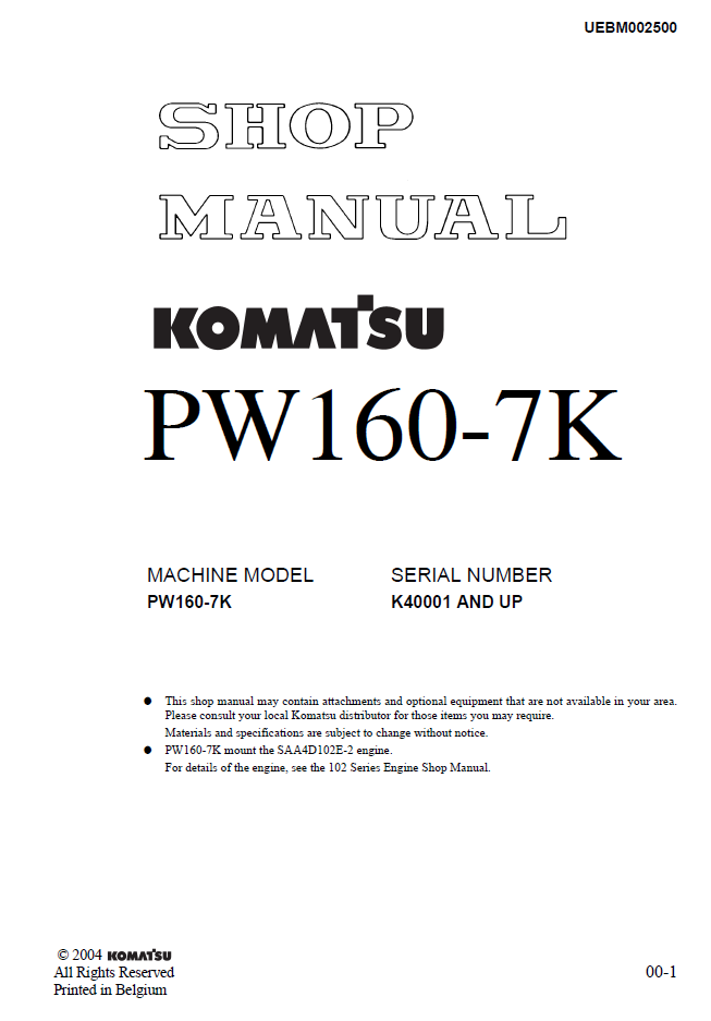 Manual de Taller Excavadora Komatsu PW160-7K - K40001