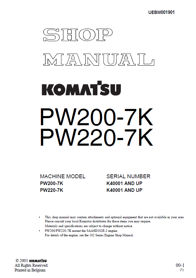 Manual de Taller Excavadora Komatsu PW200-7K, PW220-7K - K40001