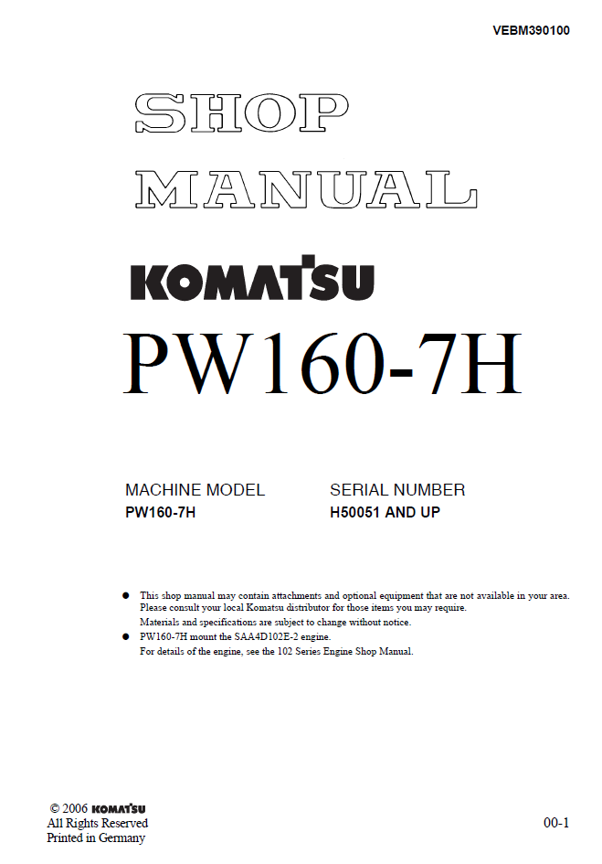 Manual de Taller Excavadora Sobre Ruedas Komatsu PW160- 7H - H50051