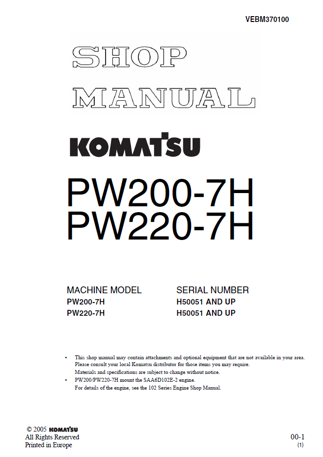 Manual de Taller Excavadora Sobre Ruedas Komatsu PW200-7H - H50051, PW220-7H - H50051