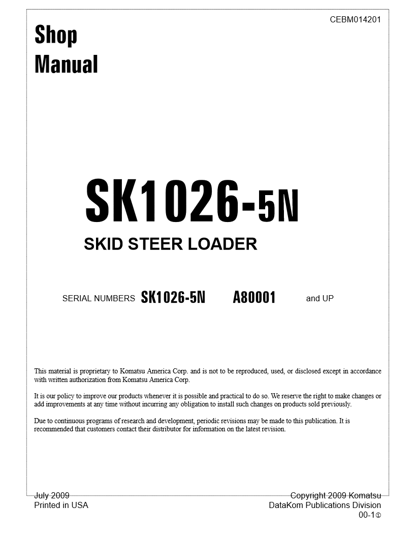Manual de Taller Minicargargador Komatsu SK1026-5N