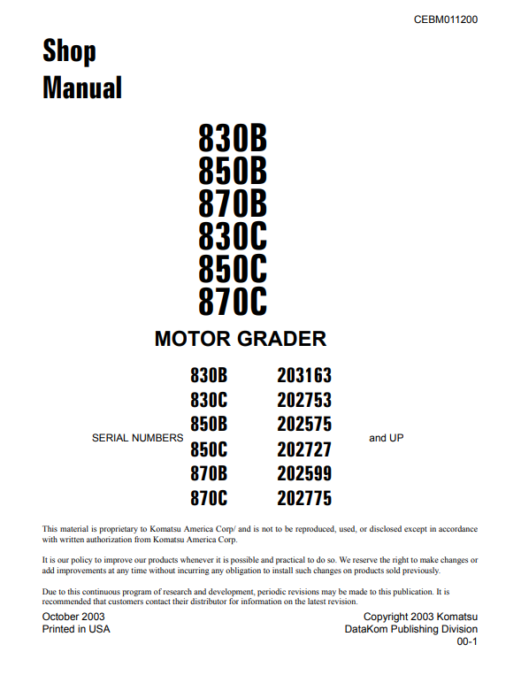 Manual de Taller Motoniveladora Komatsu 830 - 870