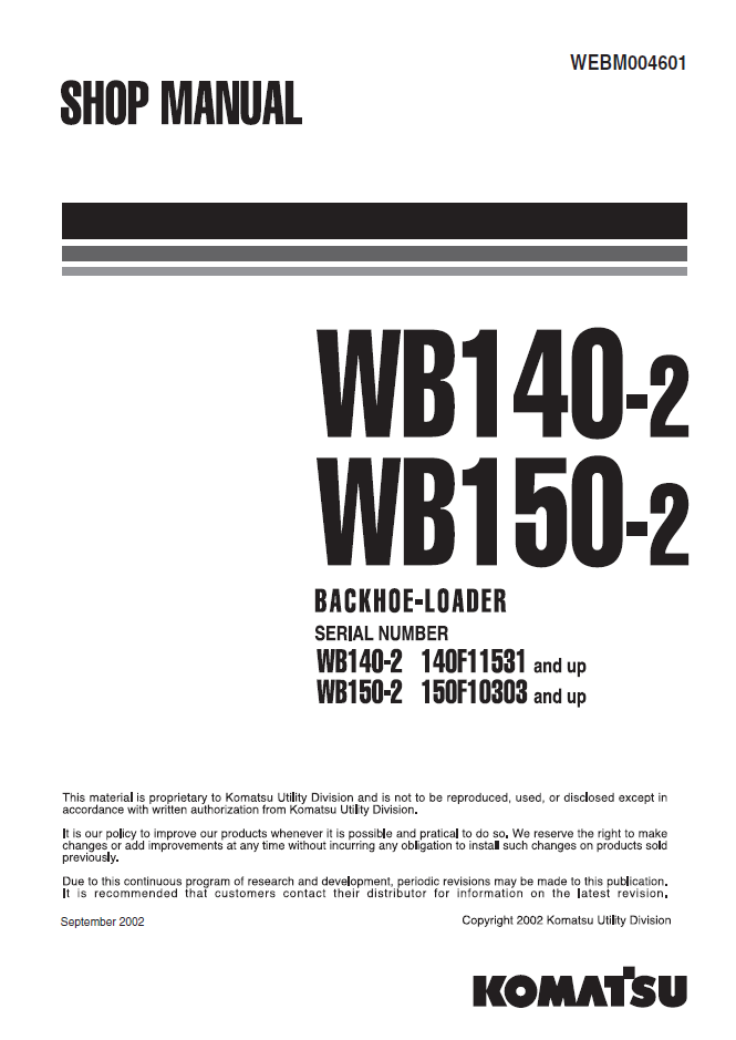 Manual de Taller Retroexcavadora Komatsu WB140-2 - 140F11531, WB150-2 - 150F10303