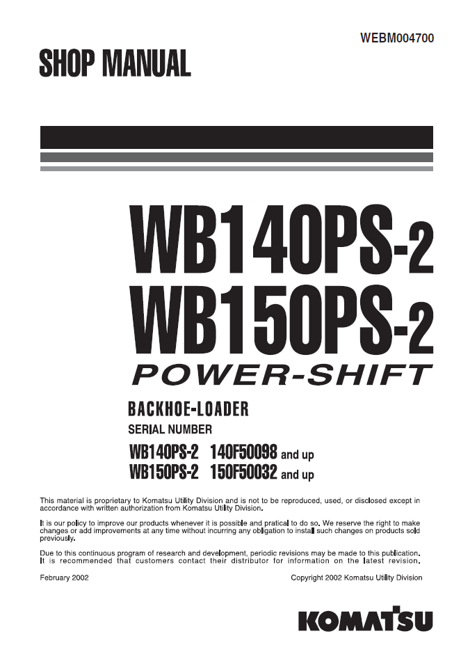 Manual de Taller Retroexcavadora Komatsu WB140PS-2 - 140F50098, WB150PS-2 - 150F50032