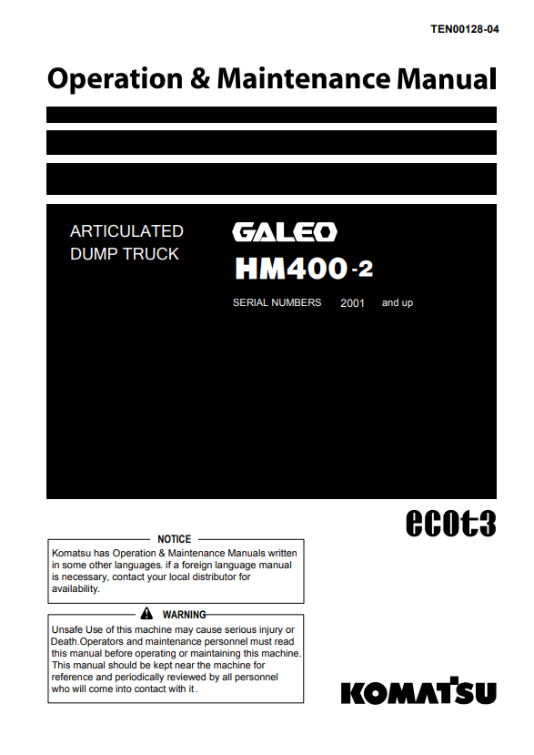 Manual de Operación y Mantenimiento Camión Japones Komatsu HM400-2 S.N 2001-2371
