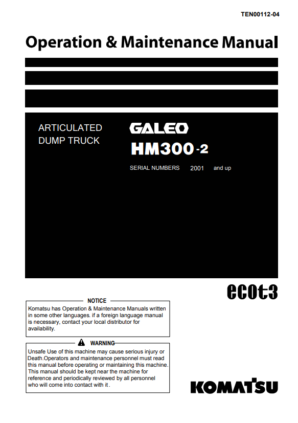 Manual de Operación y Mantenimiento Camión Japones Komatsu HM300-2 S.N 2001-2480