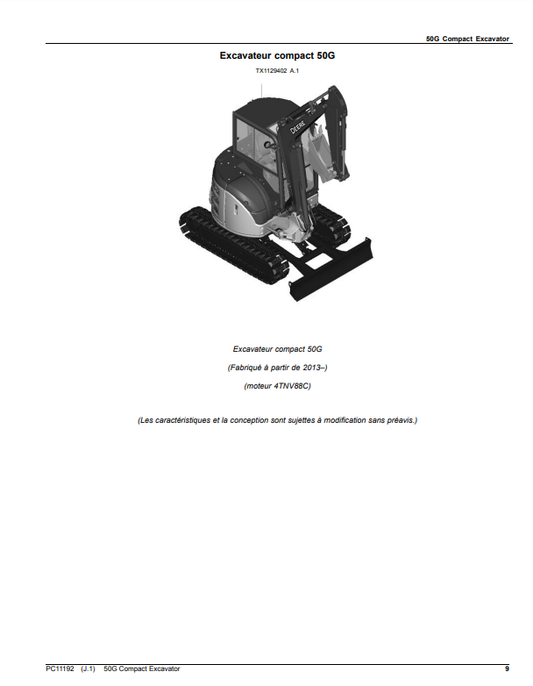 Manual de Partes Excavadora Compacta John Deere 50G - PC11192