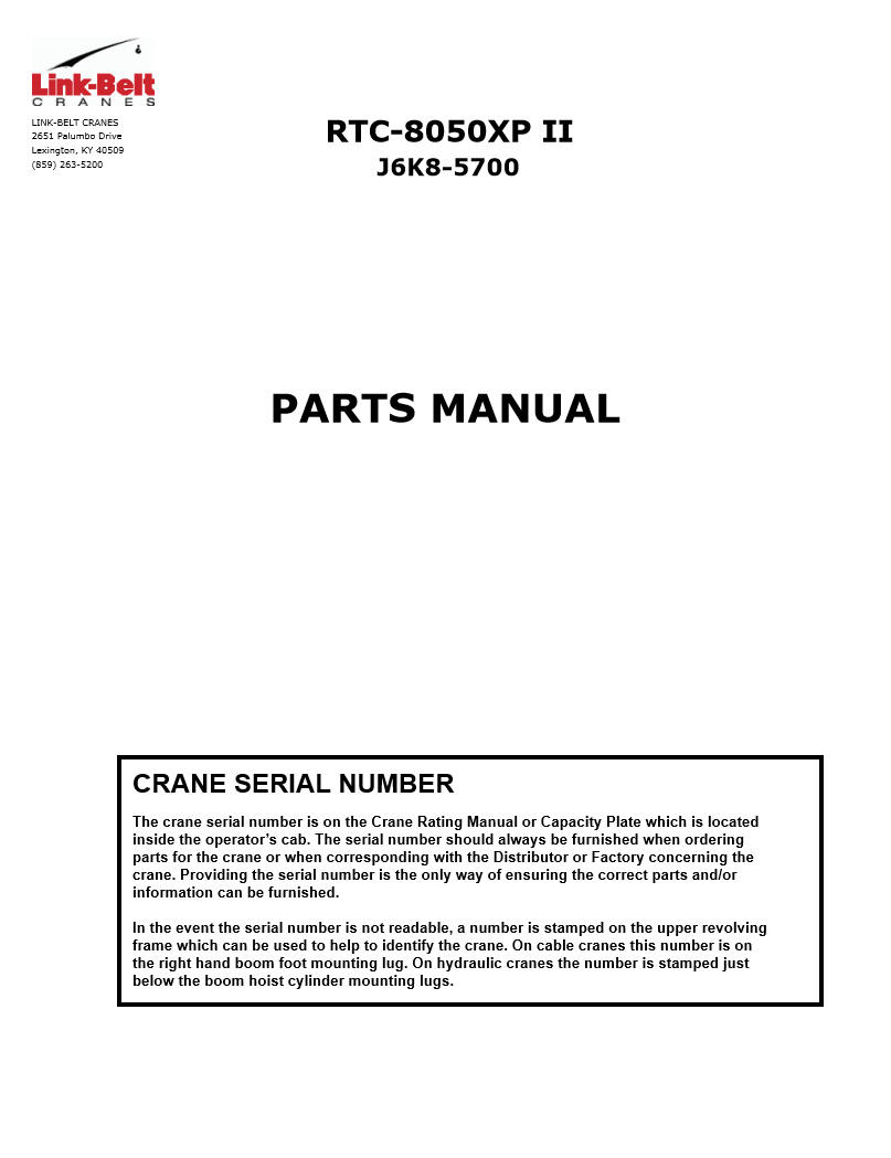 Manual de Partes Excavadora Link Belt RTC-8050XP II