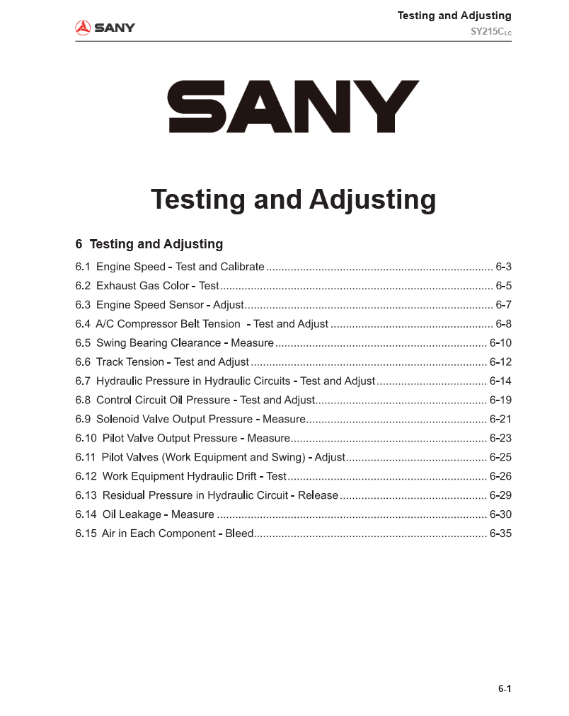 Manual de Prueba y Ajuste Excavadora Sany- SY215C
