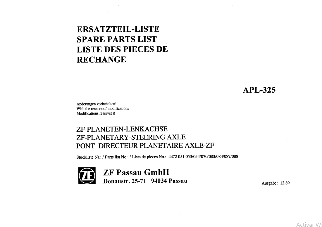Catalogo de Partes Transmisión ZF APL 325 - 4472, 051, 053, 054, 070, 083, 084, 087, 088