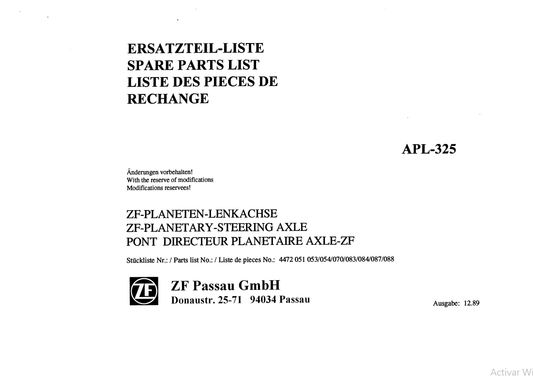 Catalogo de Partes Transmisión ZF APL 325 - 4472, 051, 053, 054, 070, 083, 084, 087, 088