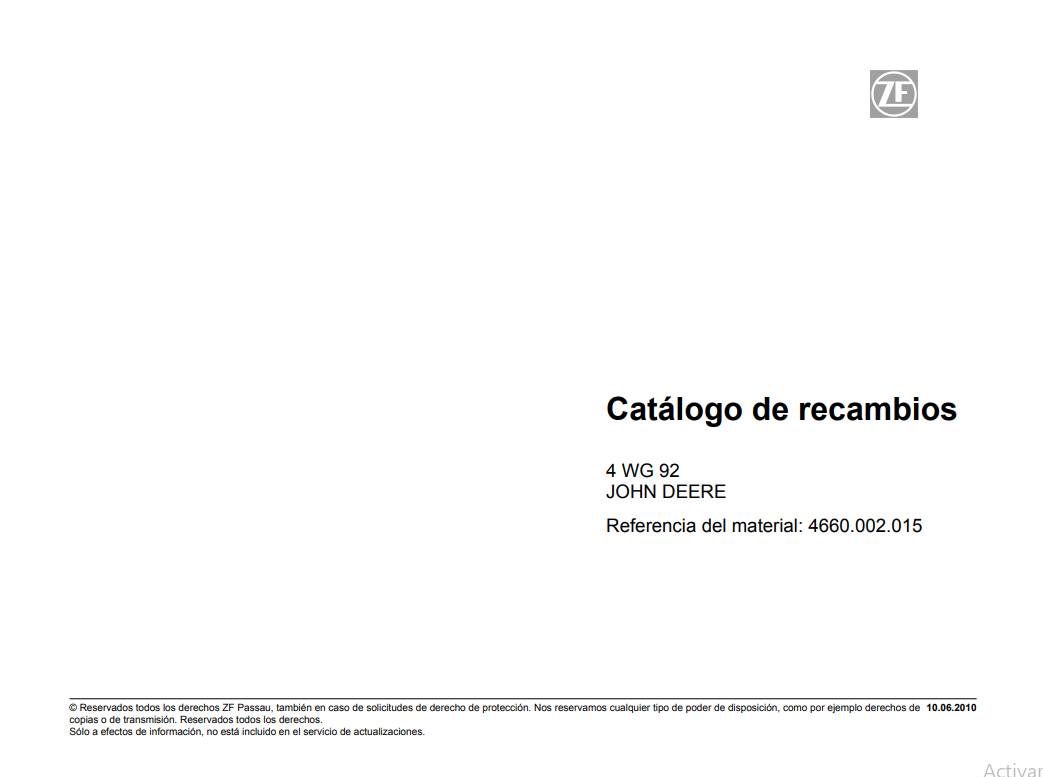Catalogo de Recambios Servotransmisión ZF 4 WG 92 JOHN DEERE - 4660.002.015