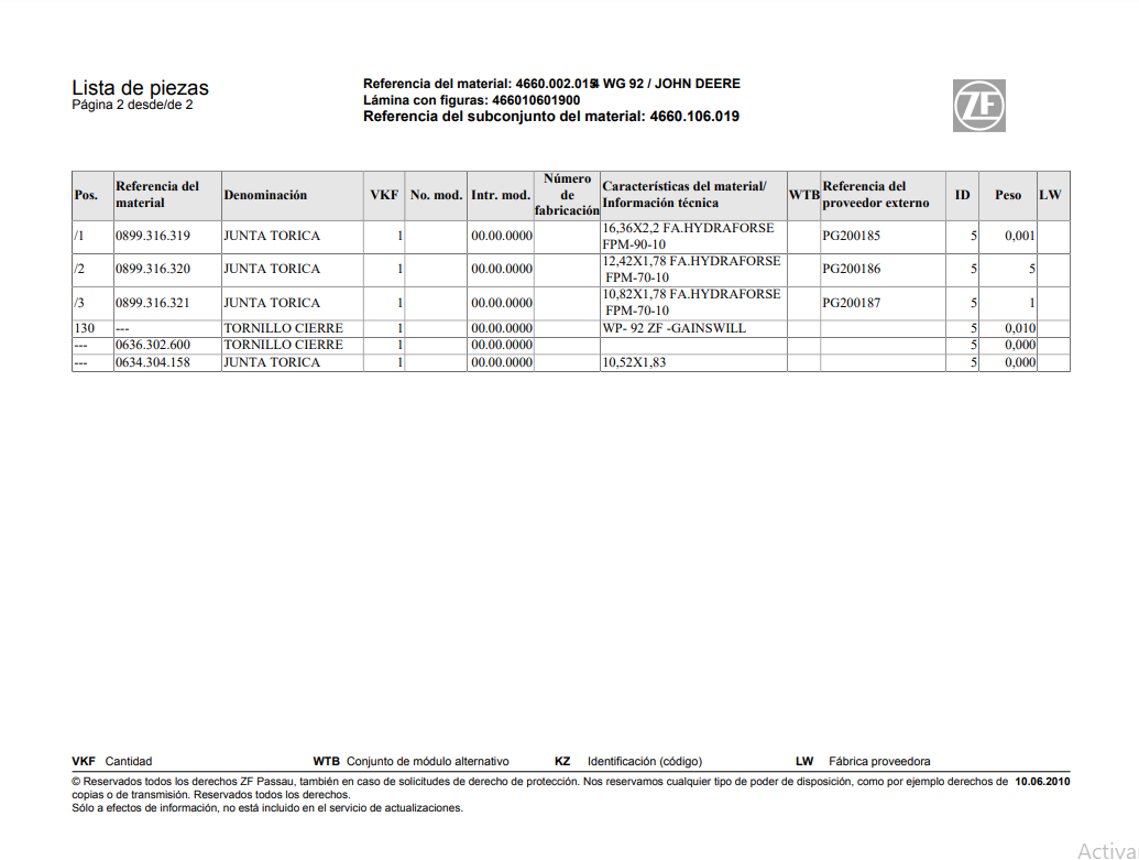 Catalogo de Recambios Servotransmisión ZF 4 WG 92 JOHN DEERE - 4660.002.015