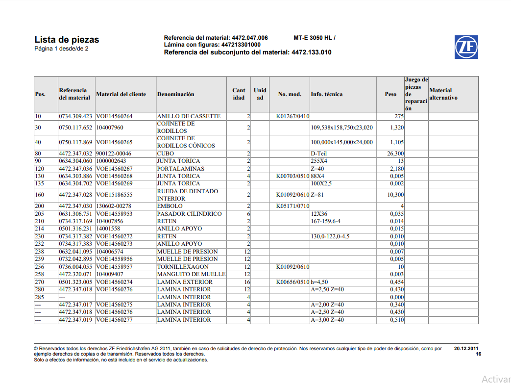 Catalogo de Recambios Eje Trasero ZF MT-E 3050 HL - 4472.047.006